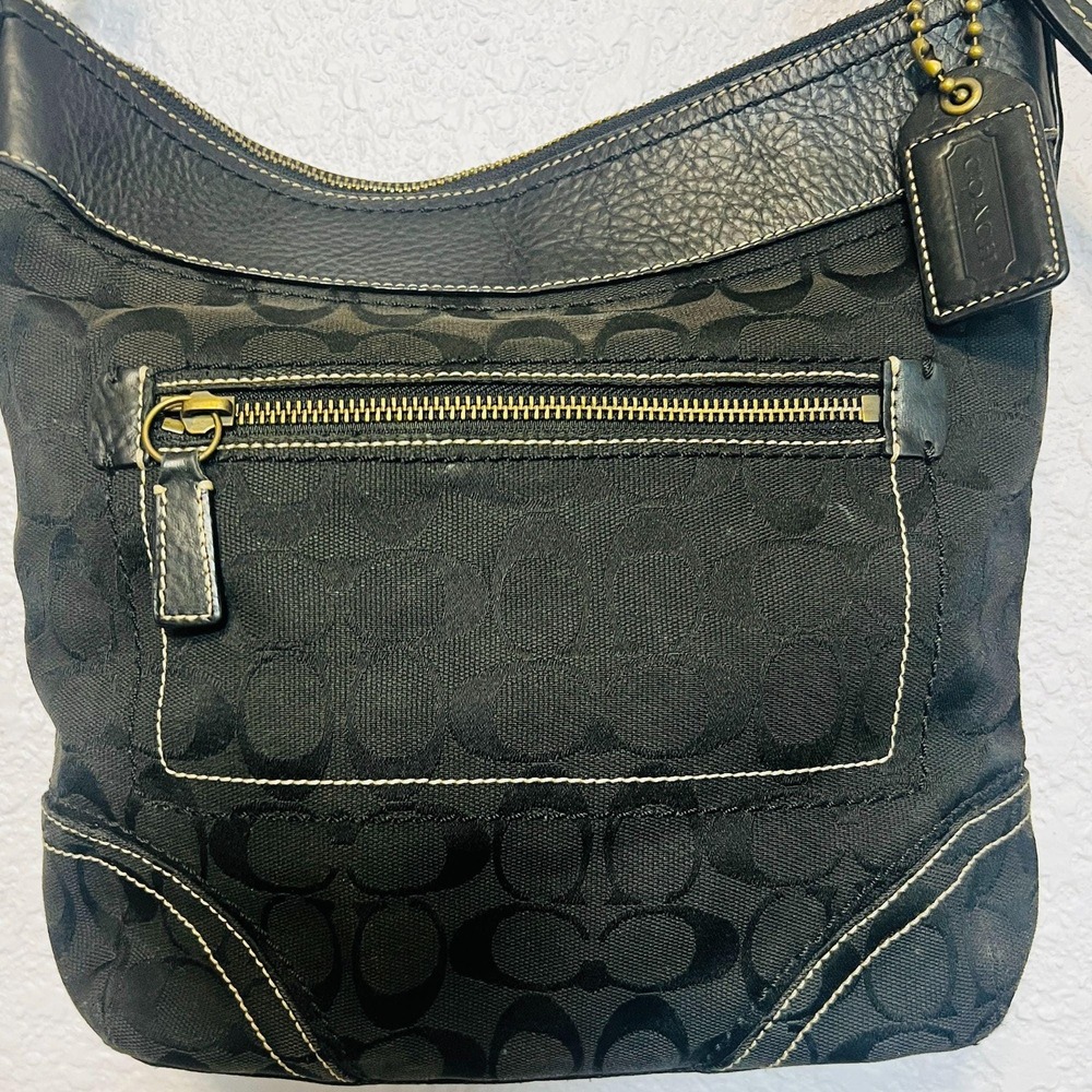 Coach Y2K Hobo Black‎ White Stitch Jacquard Leather Shoulder Bag Adjust Strap - Picture 2 of 9